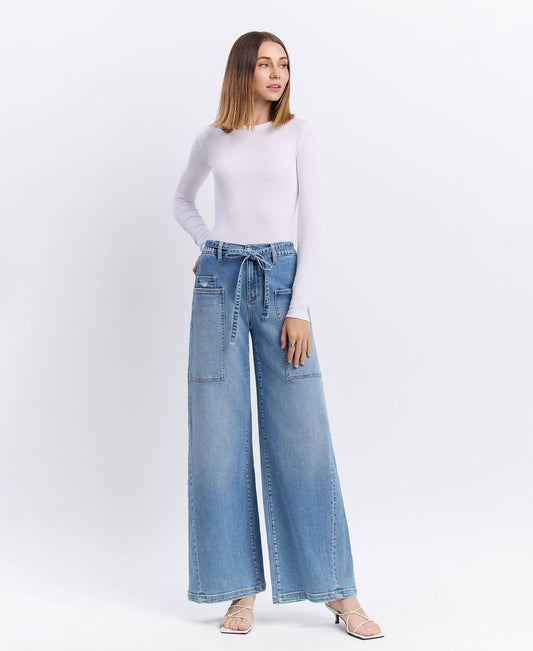 HIGH RISE ELASTIC TIE WAISTBAND BAGGY WIDE JEANS F5955