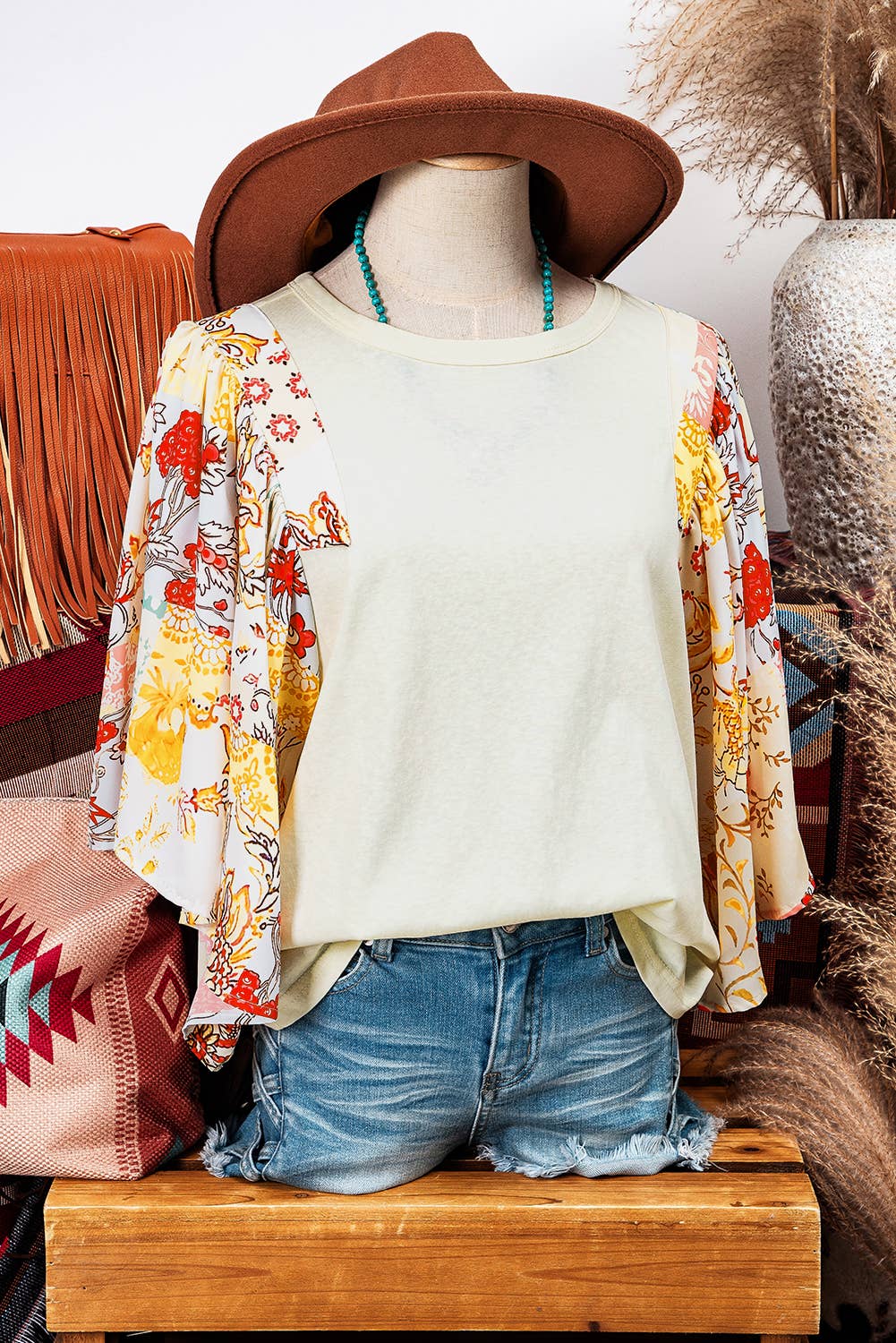 Fashion-W Floral Patchwork Half Batwing Sleeve Blouse