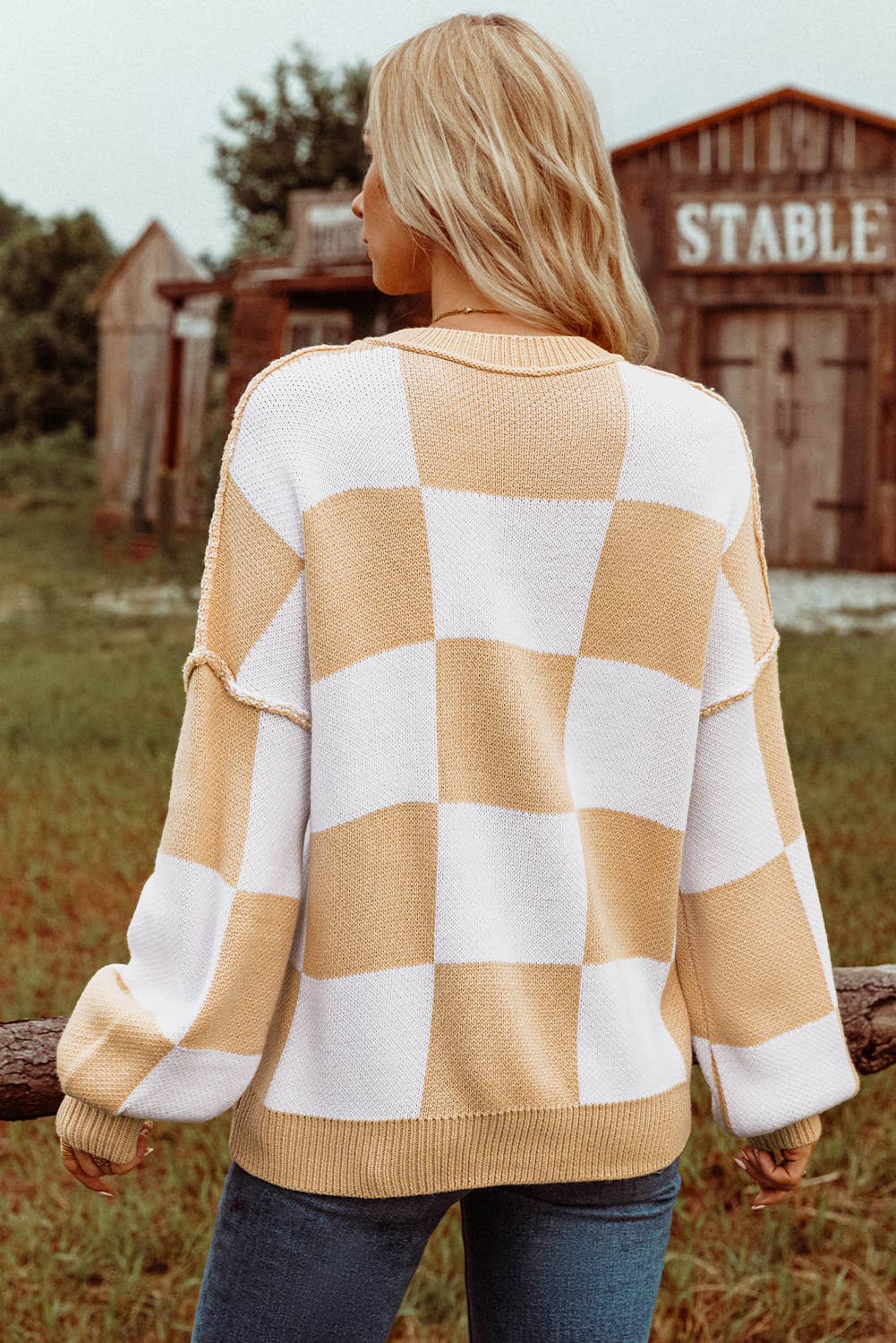 Fashion-W Checkered Bishop Sleeve Sweater*S-2XL