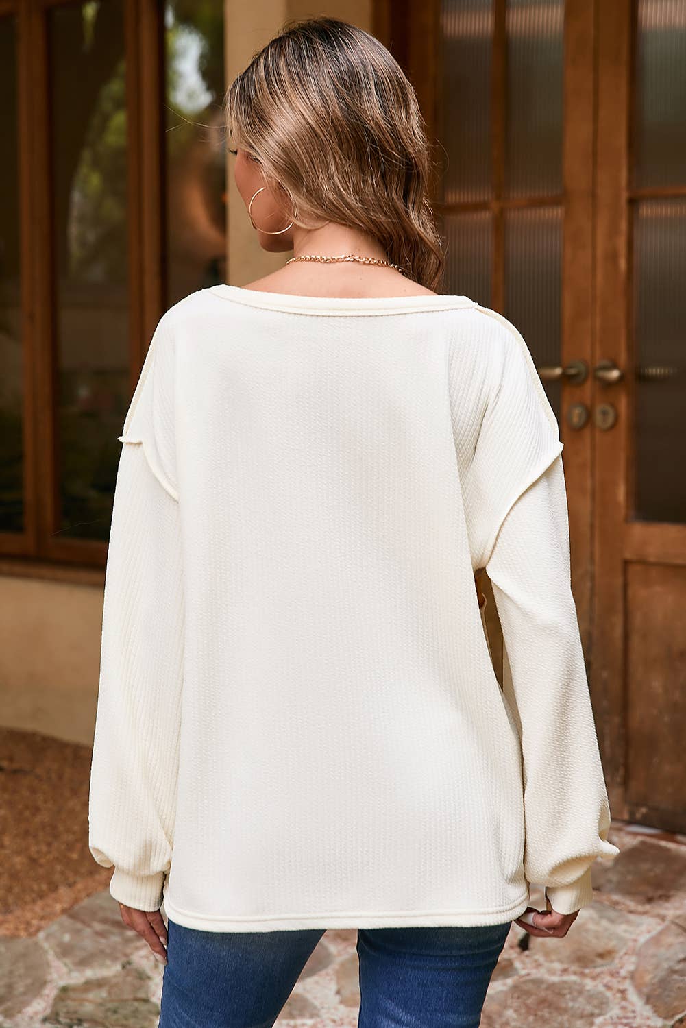 LDC Corded Exposed Seam Knit Patchwork Drop Sleeve Blouse
