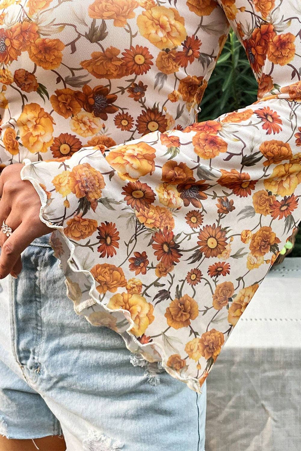 Floral Mesh Bell Sleeve Blouse