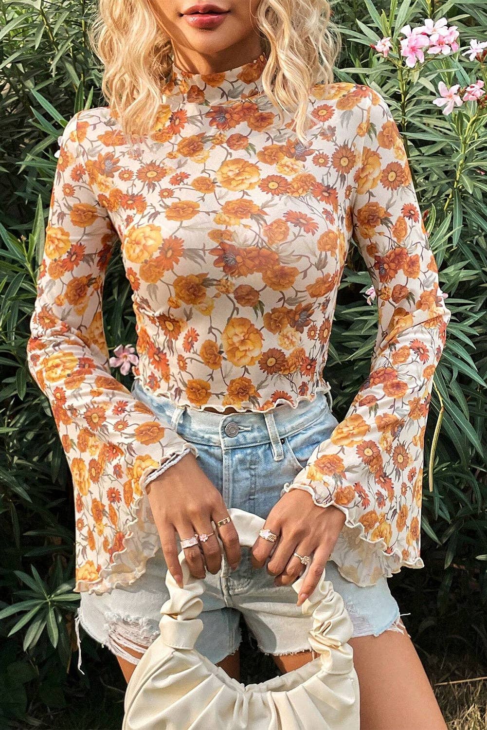 Floral Mesh Bell Sleeve Blouse