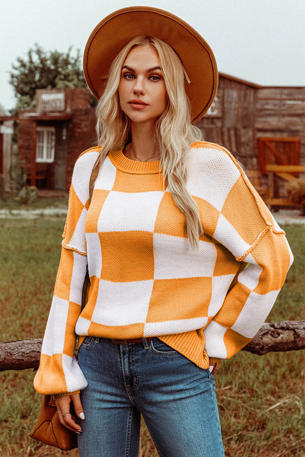 Fashion-W Checkered Bishop Sleeve Sweater*S-2XL