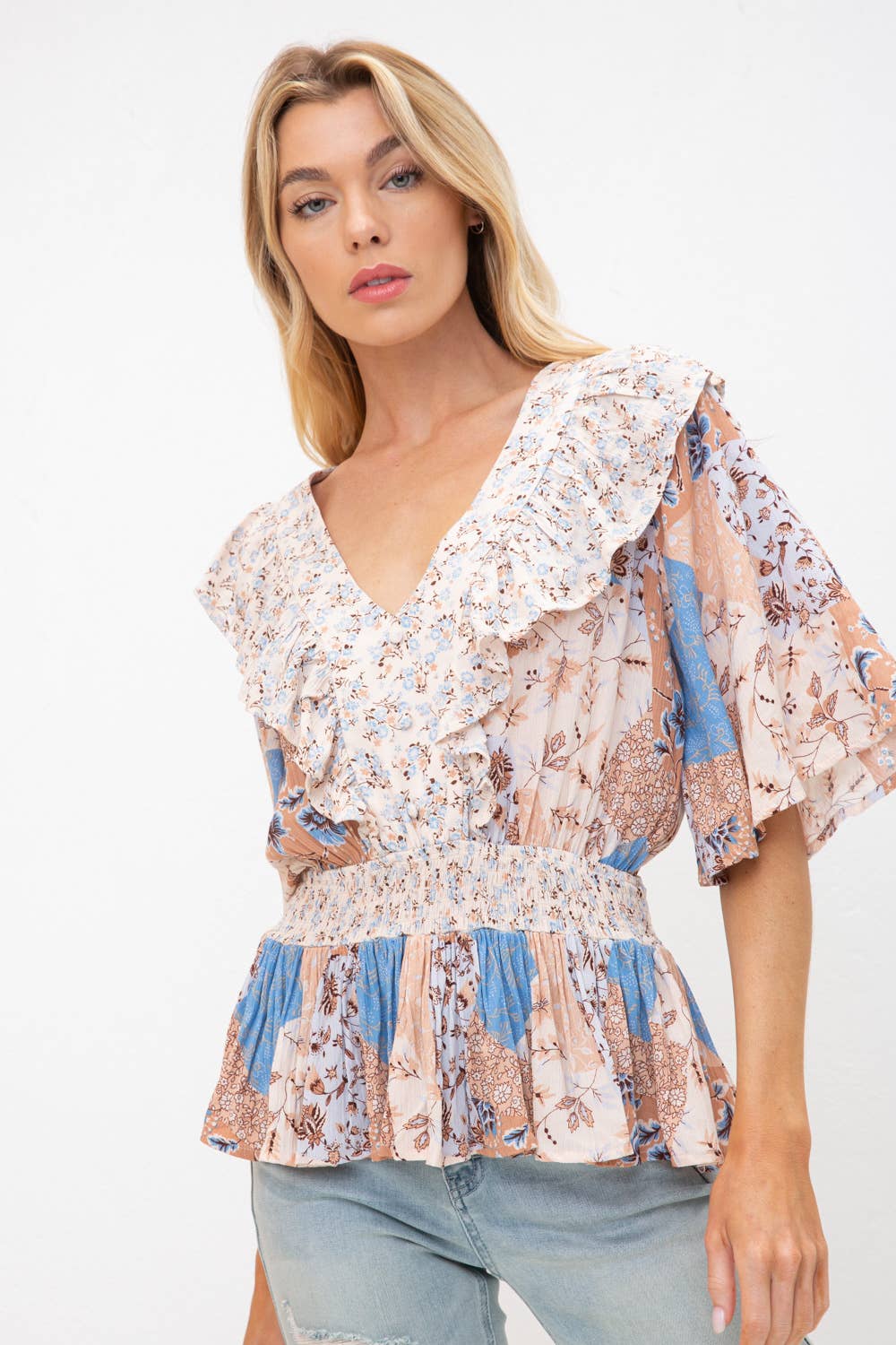 31693T - Floral Smocked Waist Ruffle Blouse Button Detail