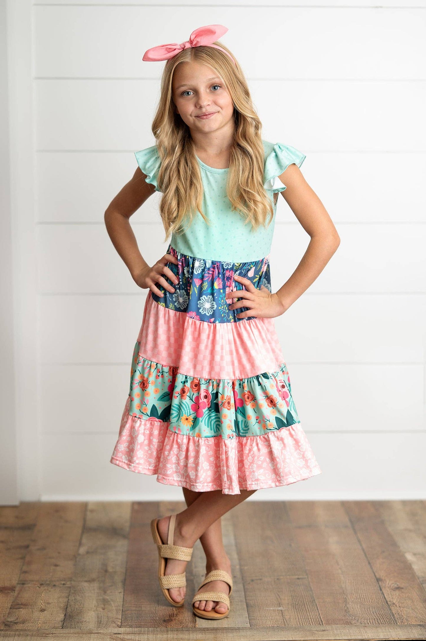 Girls Ava Coral Mint Floral Tiered Spring Easter Dress