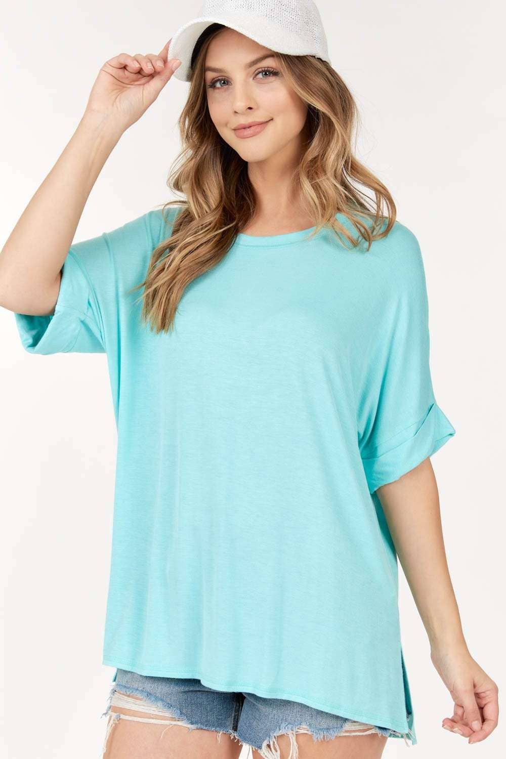Rolled Short Sleeve Round Neck Top
