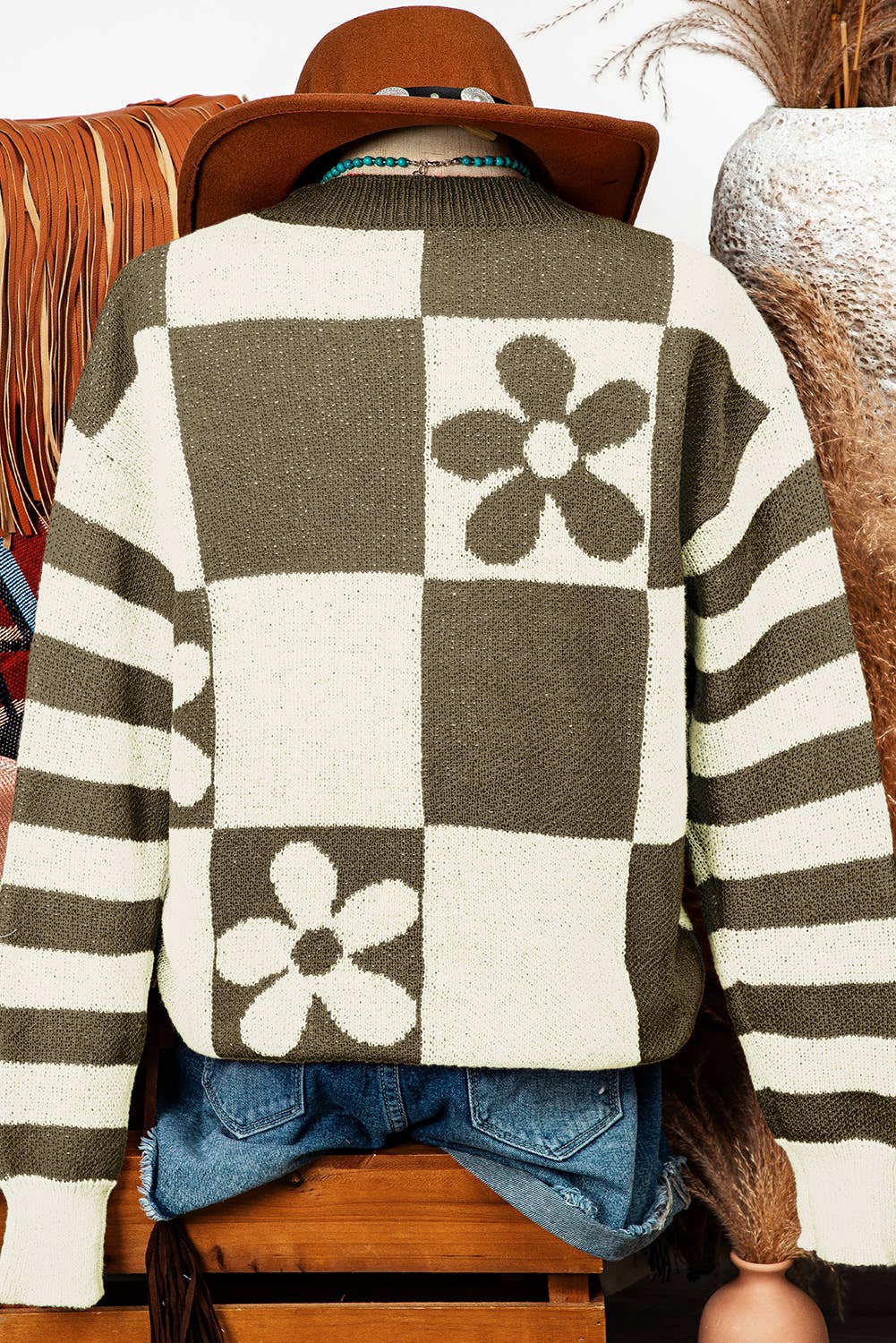Fashion-W Fall Checker Floral Stripe Sweater*S-2XL