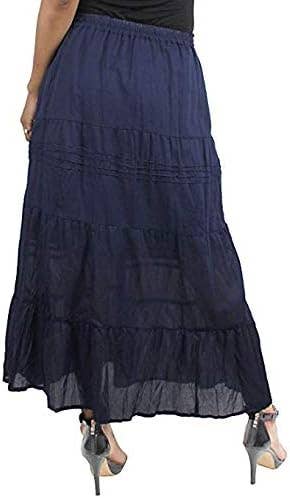Womens Cotton Lace & Ribbon Tier Boho Long Maxi Skirt Navy