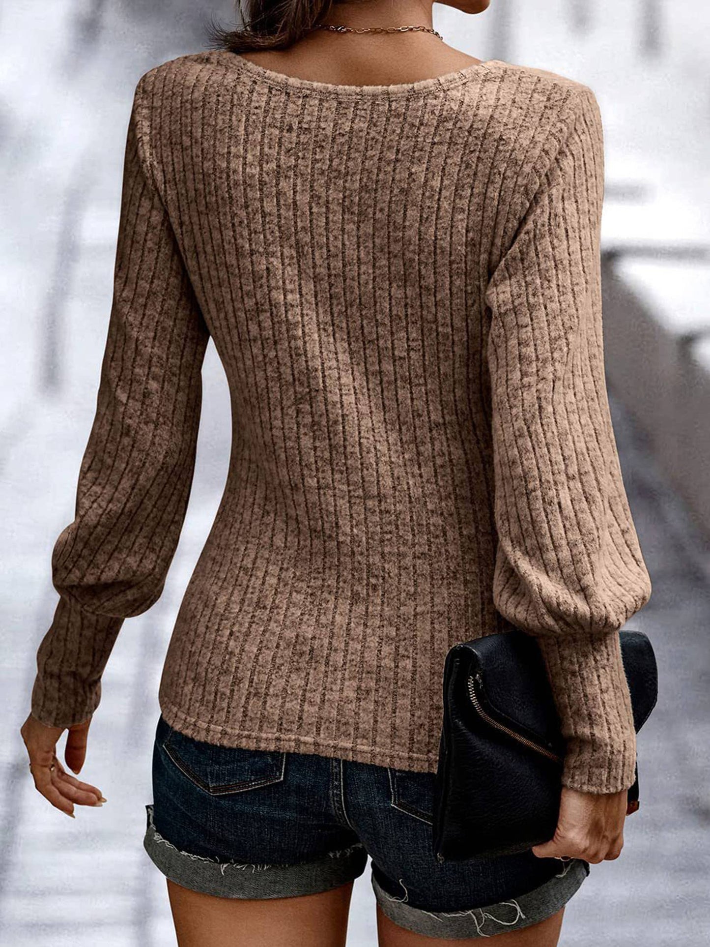 Striped Brushed Round Neck Slim Fit Lantern Sleeve Top