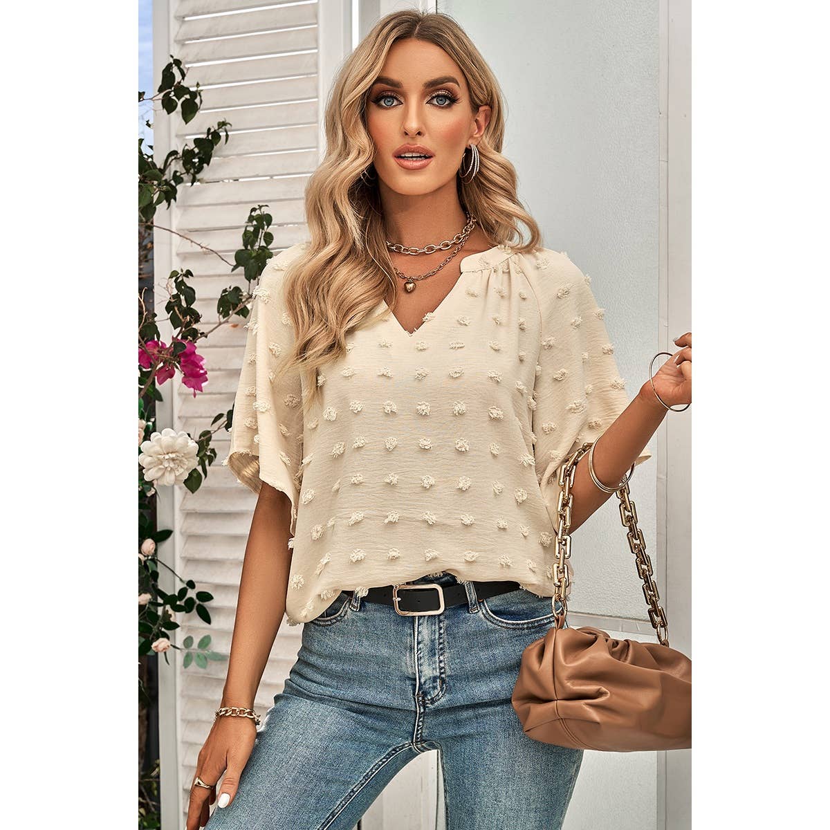 Solid Polk Dot V Neck Loose Fit Top