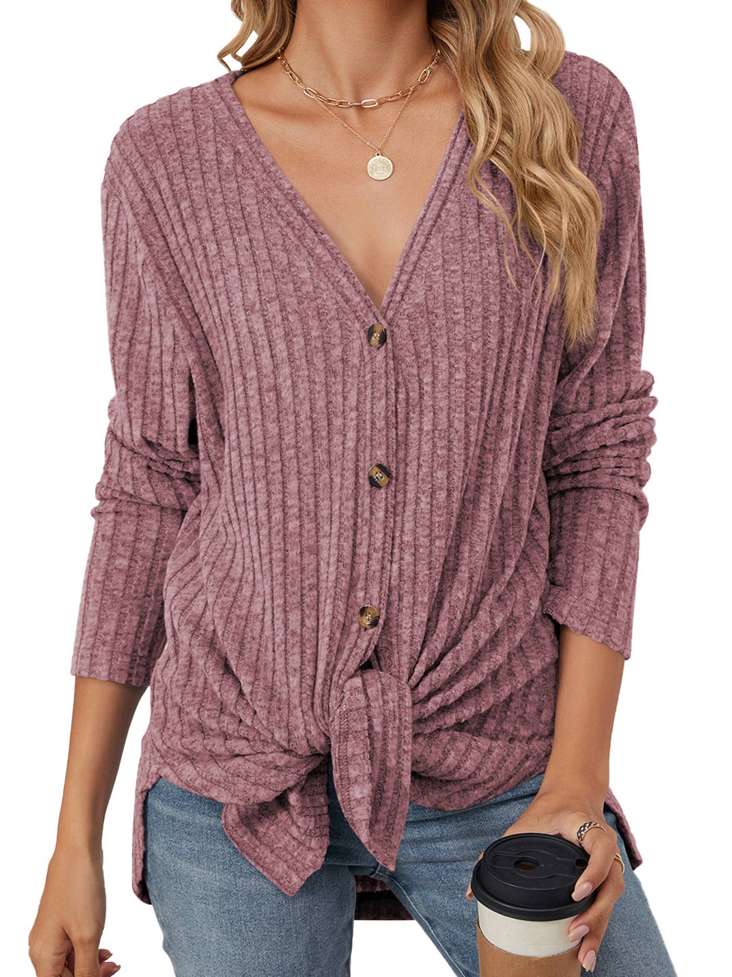 Solid Color Button Cardigan Knitted Brushed Jacket