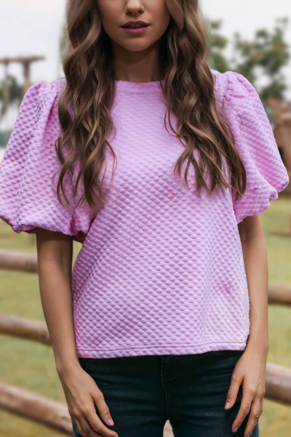 Fashion-W Textured O Neck Puff Sleeve Blouse