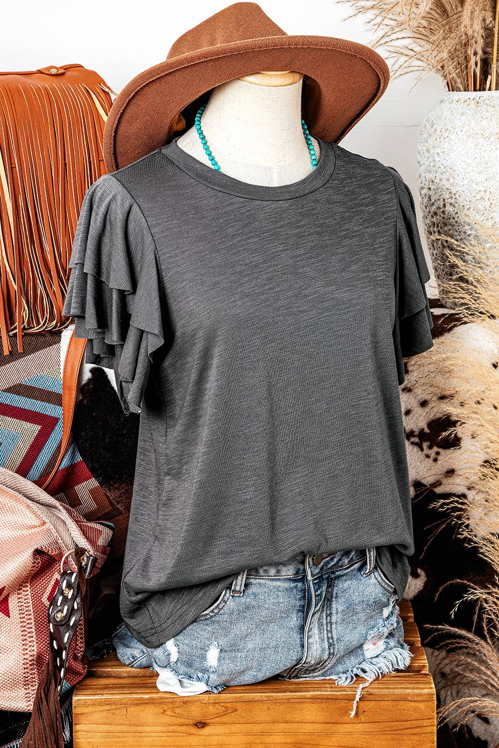 Fashion Western Layered Ruffle Short Sleeve Round Neck Top