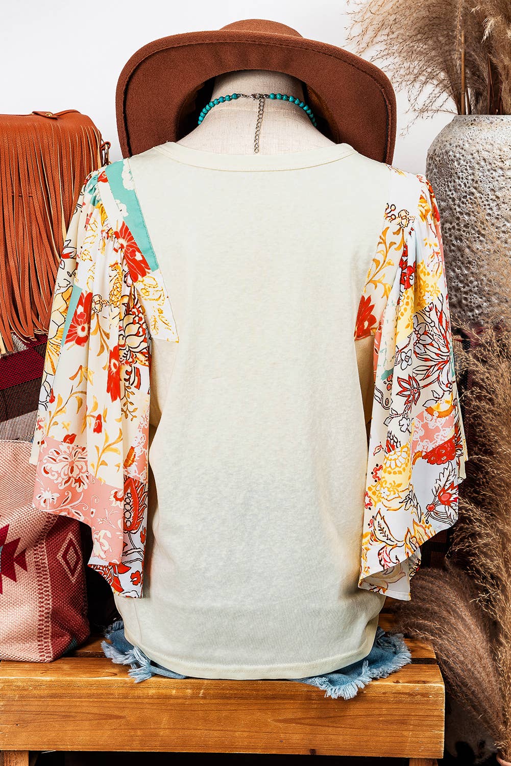 Fashion-W Floral Patchwork Half Batwing Sleeve Blouse