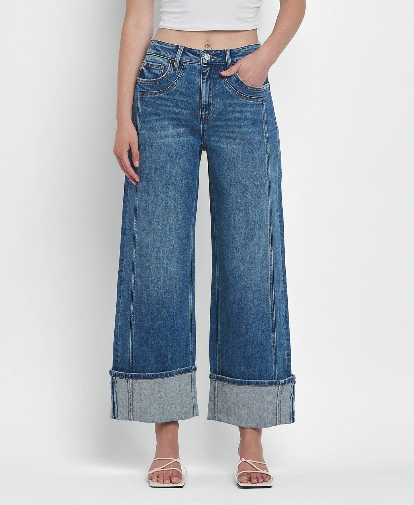 SUPER HIGH RISE CUFFED BAGGY WIDE JEANS F5856
