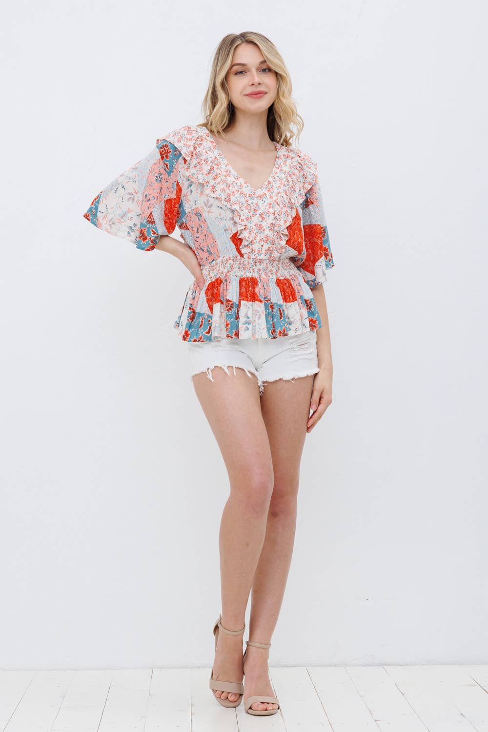 31693T - Floral Smocked Waist Ruffle Blouse Button Detail