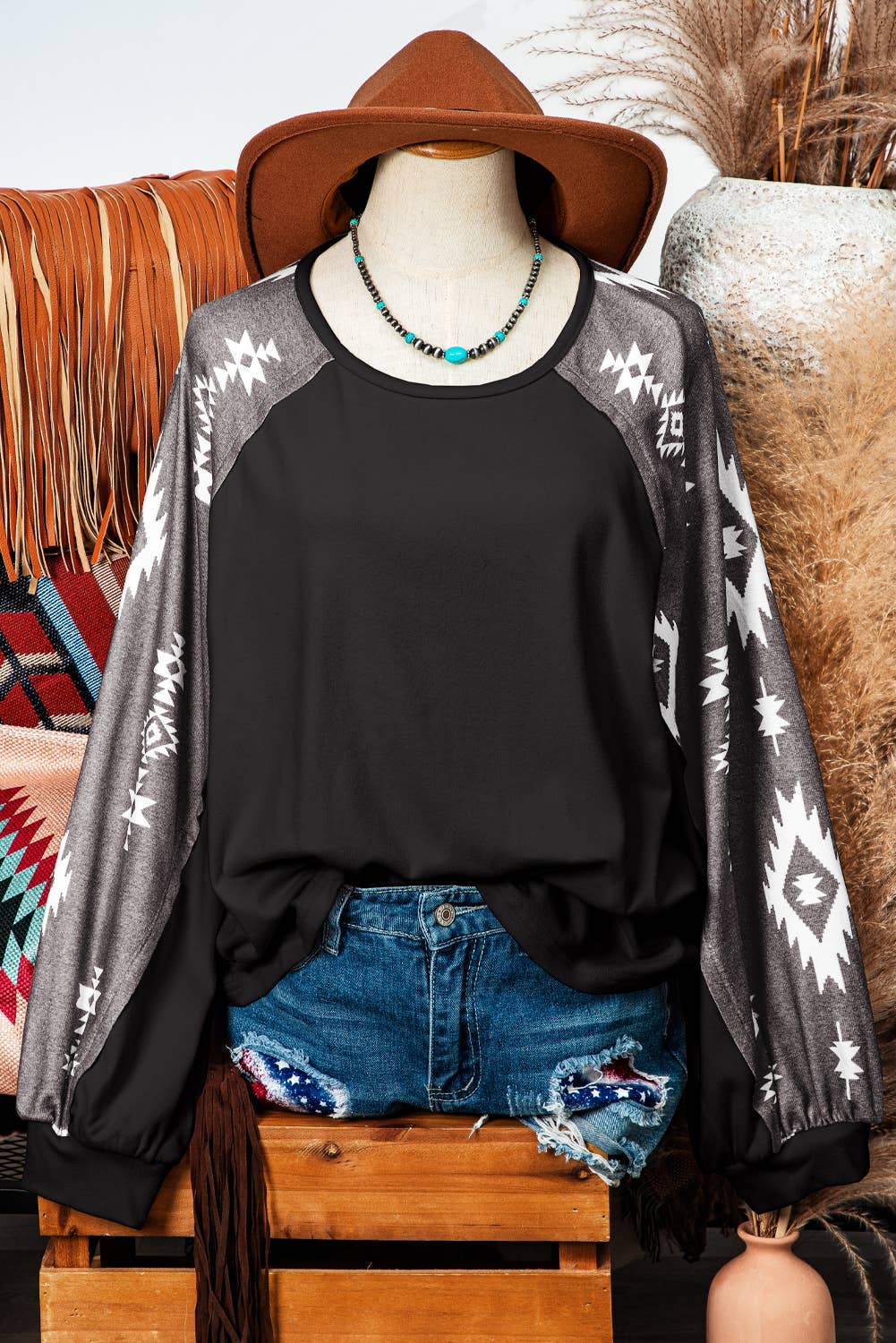 Fashion-W Fall Clothing Western Patch Long Sleeve Top