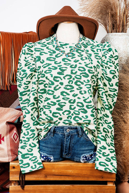 Fashion-W Leopard Print Mock Neck Puff Sleeve Top