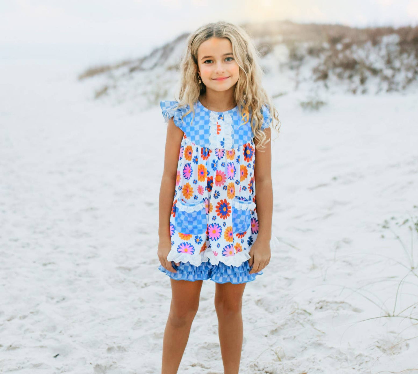 Girls Blue Check Flower Power Spring Summer Short Set