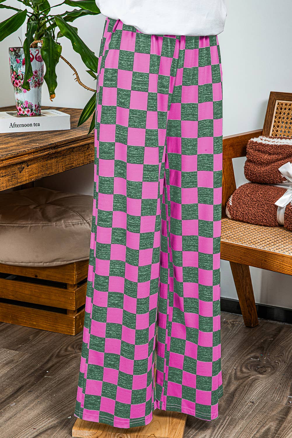 Fashion-W 2-Tone Checked Print High Waist Wide Leg Pants