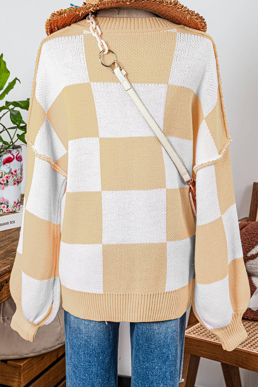Fashion-W Checkered Bishop Sleeve Sweater*S-2XL