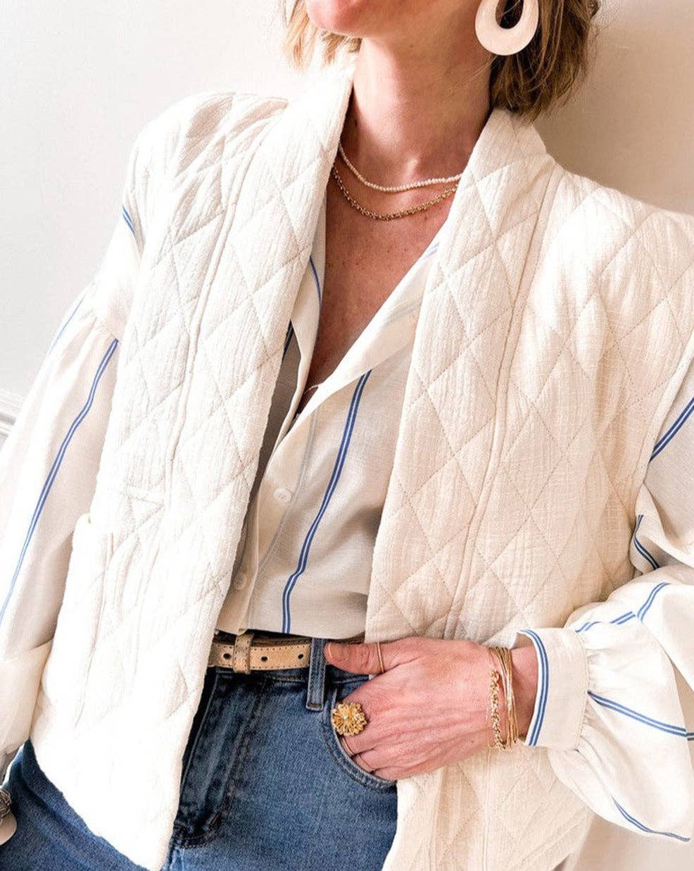 Stripe Bubble Sleeve Buttoned Shirt