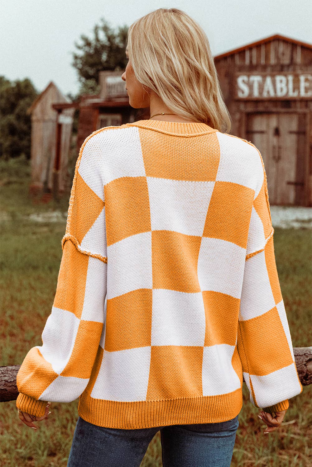 Fashion-W Checkered Bishop Sleeve Sweater*S-2XL