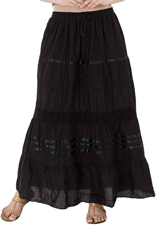 Womens Cotton Lace & Ribbon Tier Boho Long Maxi Skirt Black