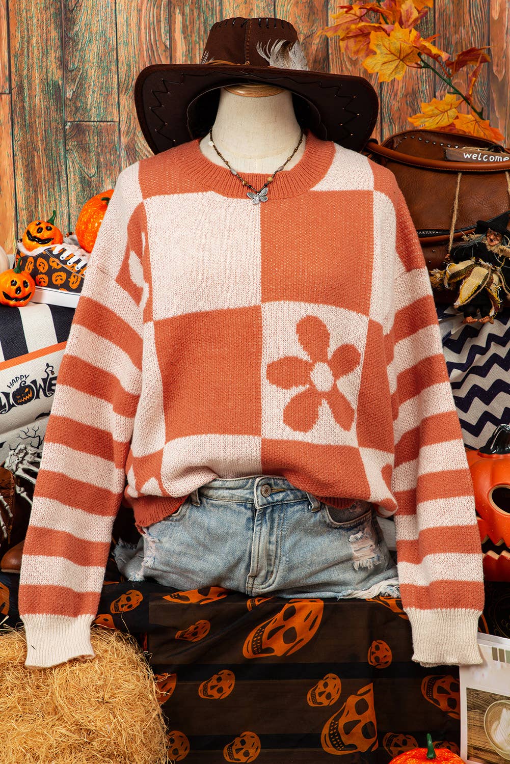 Fashion-W Fall Checker Floral Stripe Sweater*S-2XL