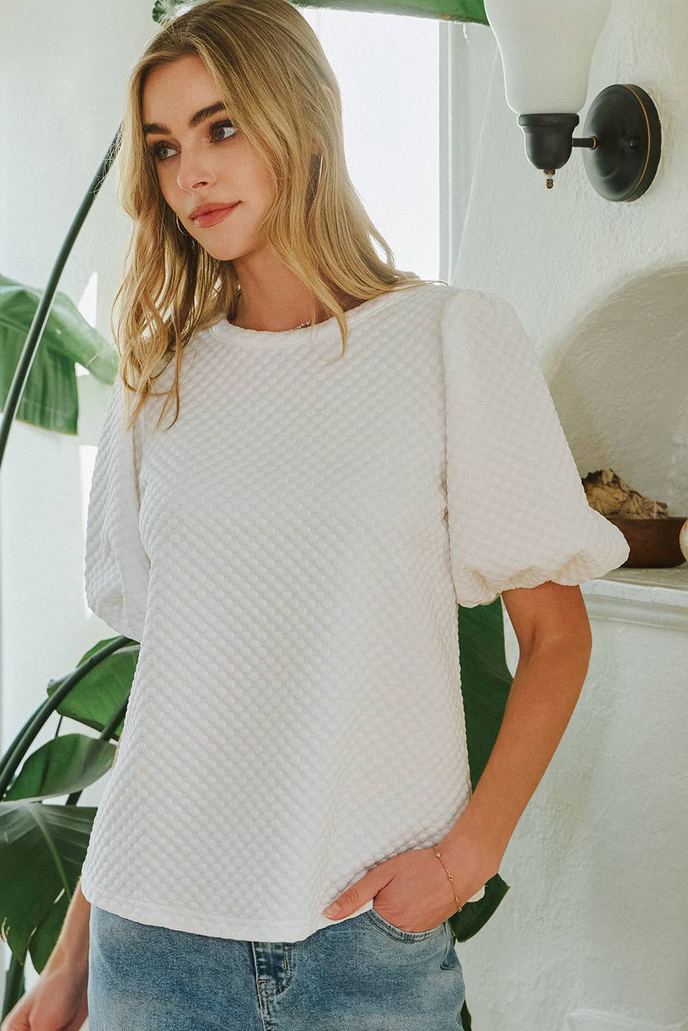 Fashion-W Textured O Neck Puff Sleeve Blouse