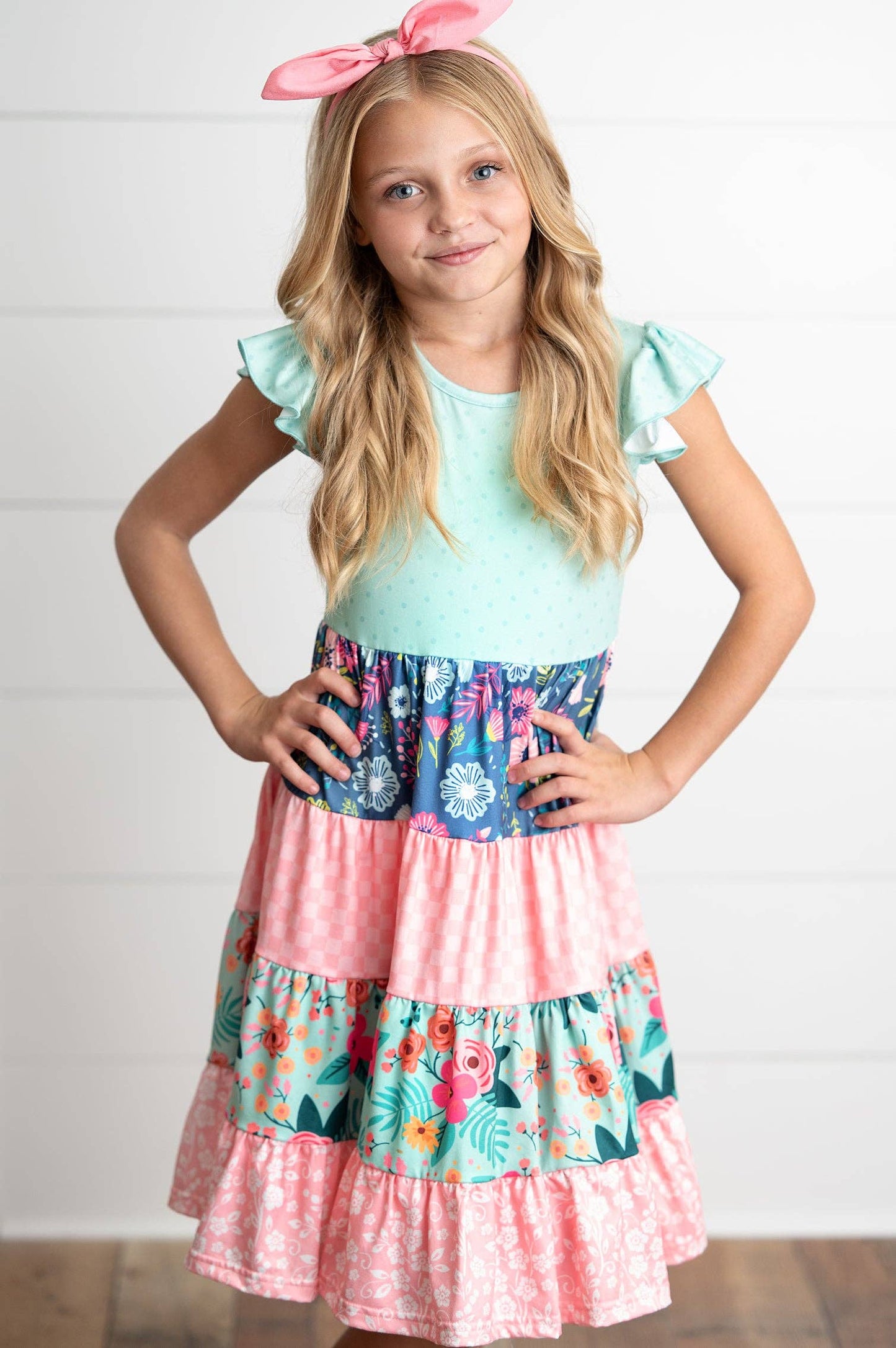Girls Ava Coral Mint Floral Tiered Spring Easter Dress