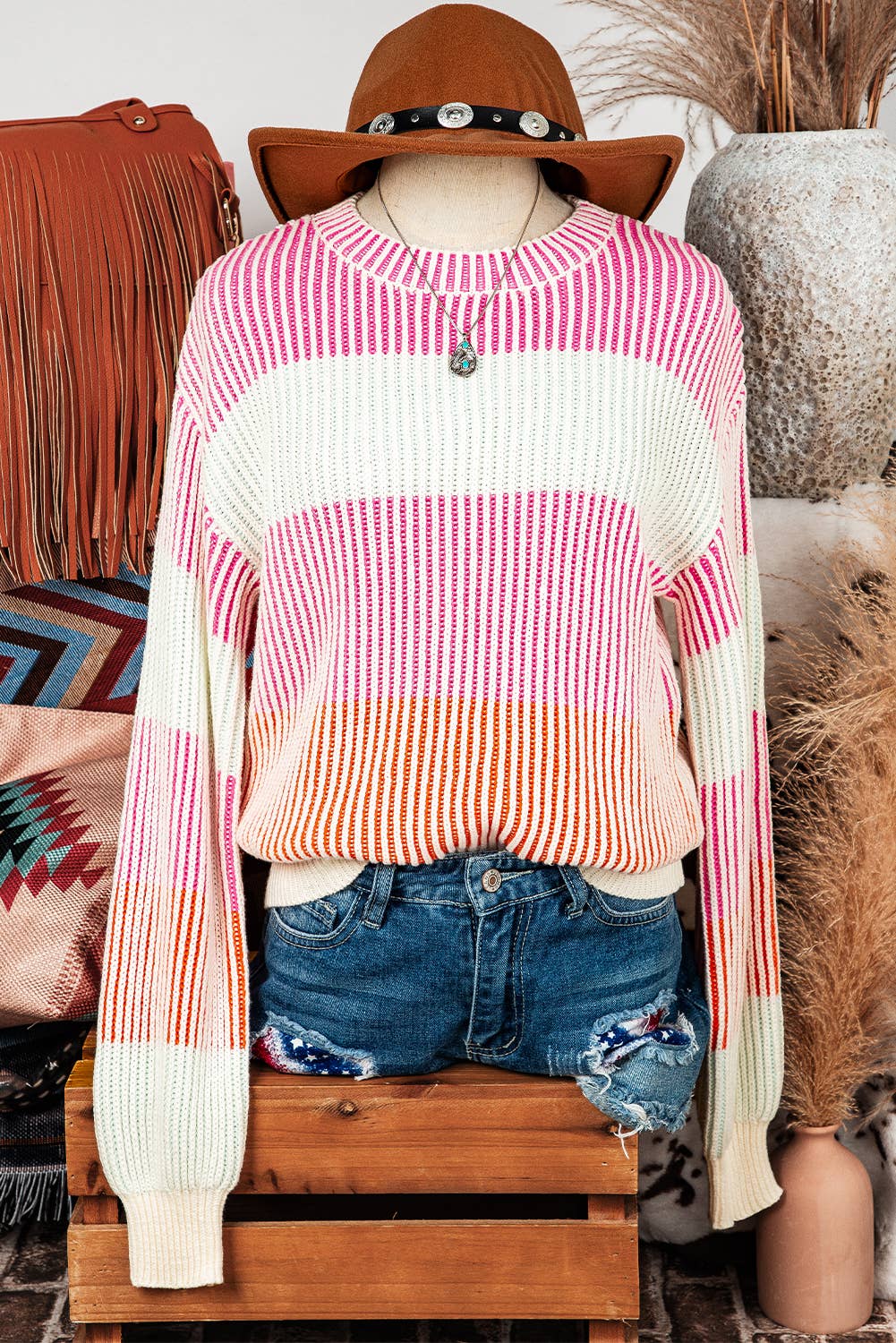Fall Colorblock Textured Knit Bubble Sleeve Sweater