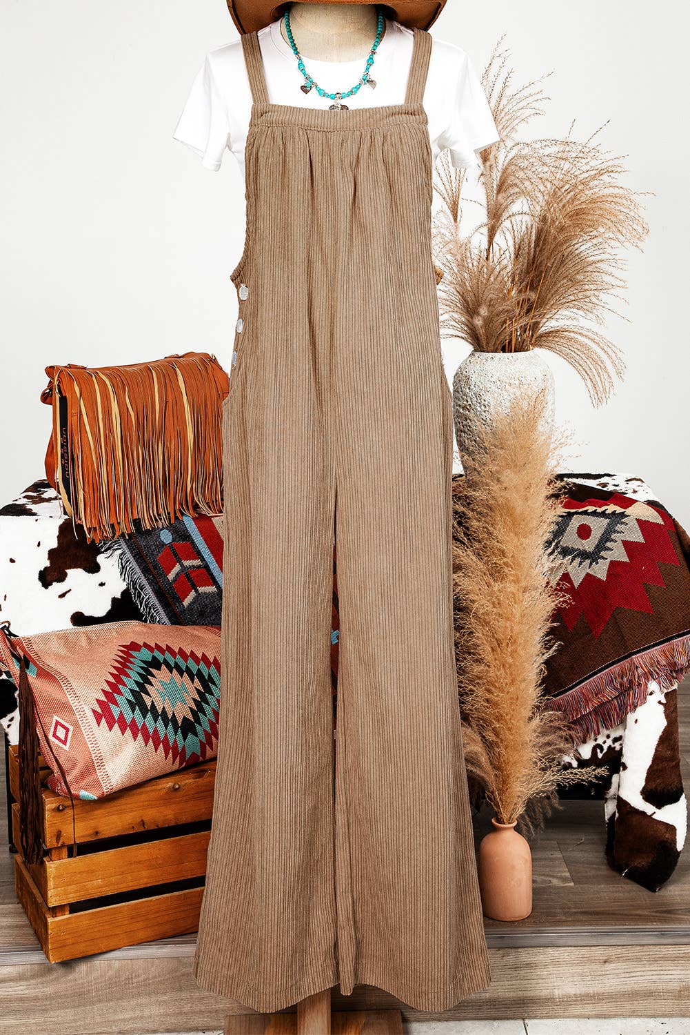Fashion-W Fall Solid Pocketed Loose Fit Corduroy Overall