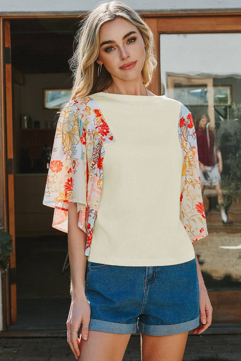 Fashion-W Floral Patchwork Half Batwing Sleeve Blouse