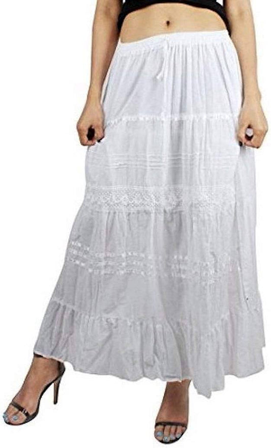 Women's Cotton Lace & Ribbon Tiered Boho Long Maxi Skirt