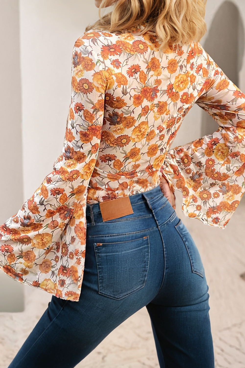 LDC Floral Printed Bell Sleeve Mock Neck Scallop Trim Blouse