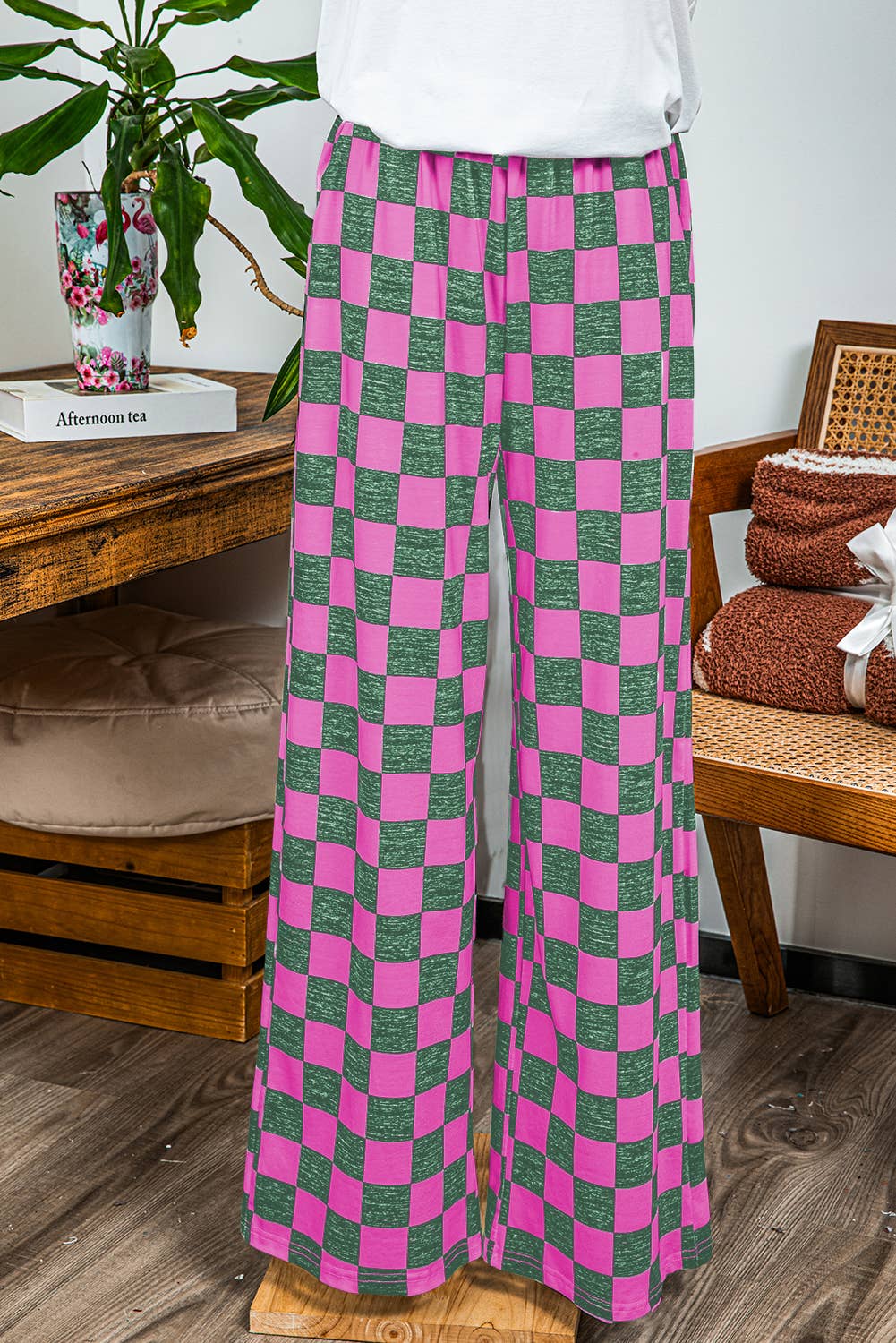 Fashion-W 2-Tone Checked Print High Waist Wide Leg Pants