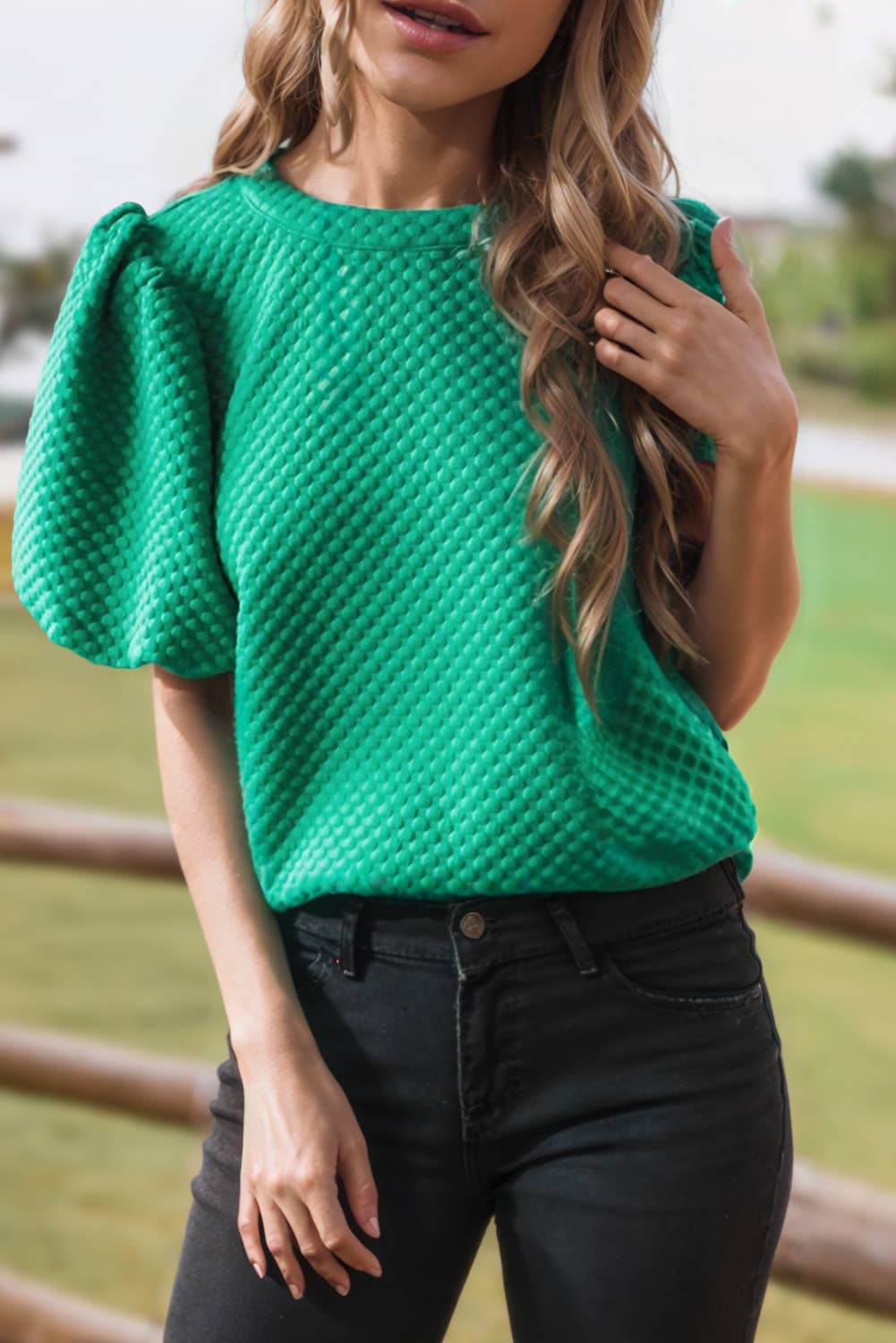 Fashion-W Textured O Neck Puff Sleeve Blouse