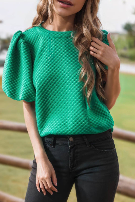 Fashion-W Textured O Neck Puff Sleeve Blouse