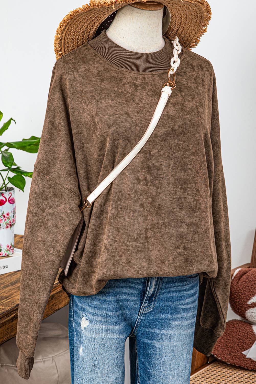 Fashion-W Drop Shoulder Crew Neck Pullover Sweatshirt*S-2XL