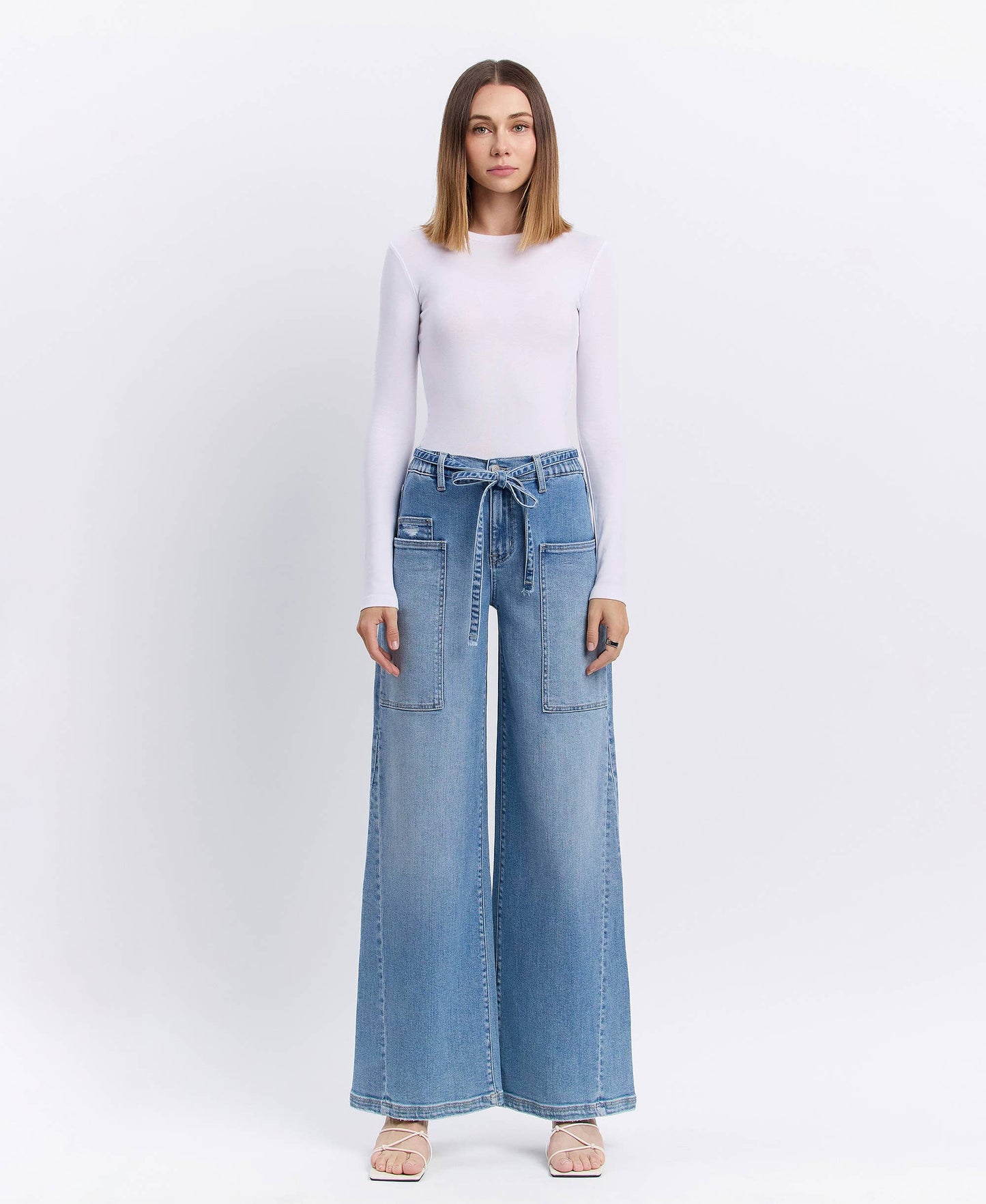 HIGH RISE ELASTIC TIE WAISTBAND BAGGY WIDE JEANS F5955