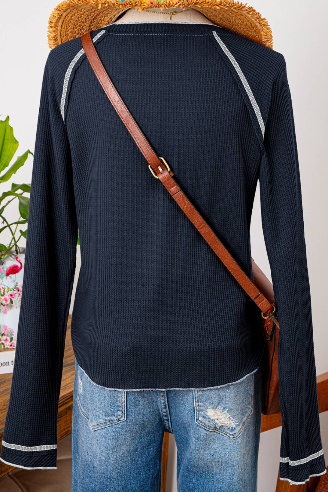 Fall Clothing Textured Round Neck Long Sleeve Top Blouse