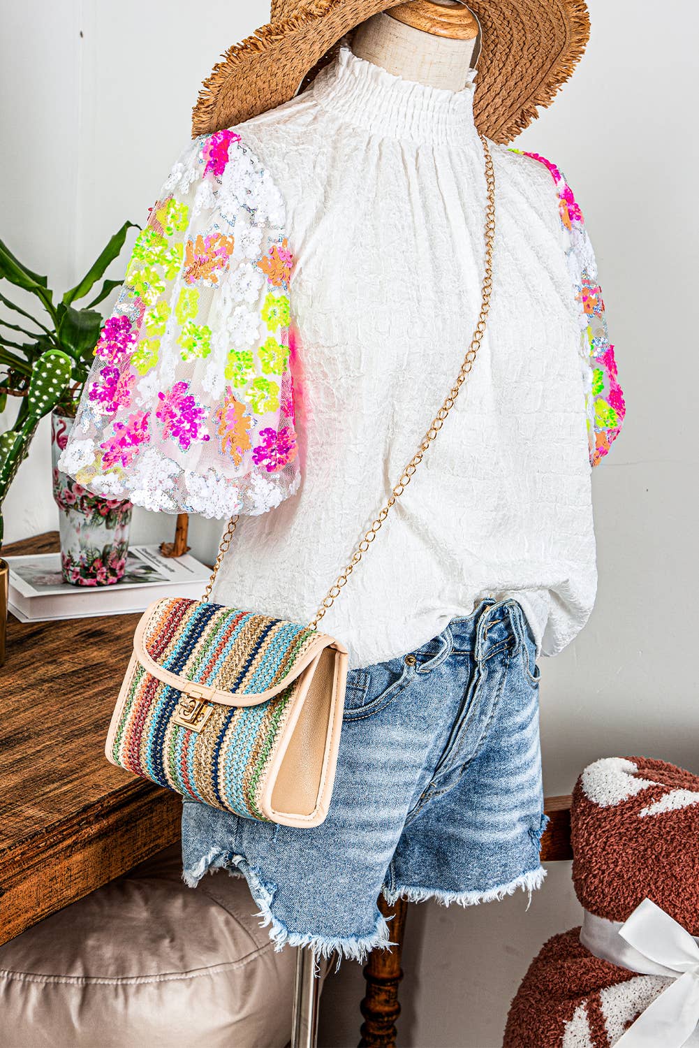 Fashion-W Smocked Collar Sequin Flower Textured Top