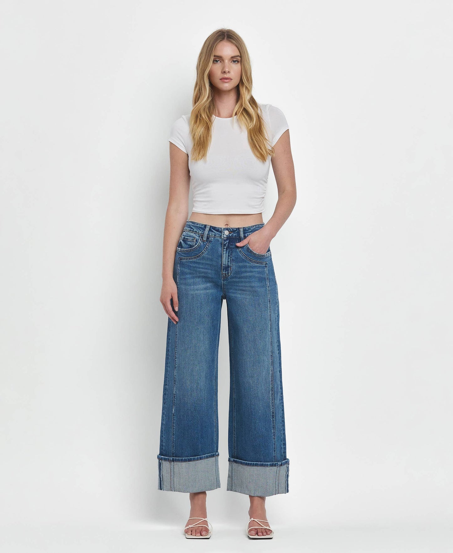 SUPER HIGH RISE CUFFED BAGGY WIDE JEANS F5856