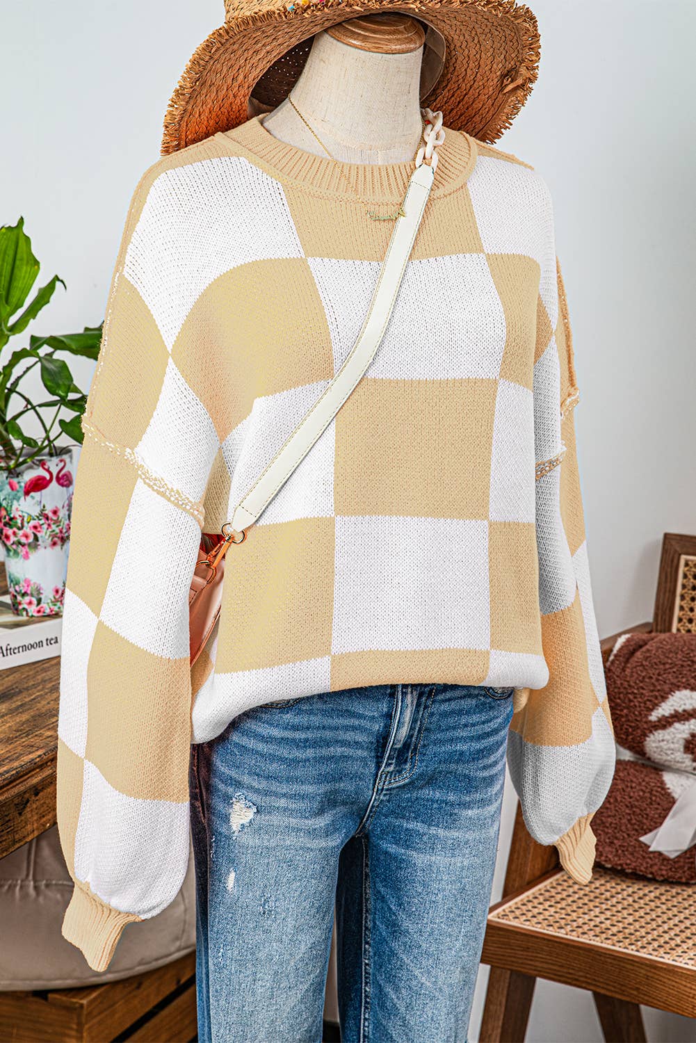Fashion-W Checkered Bishop Sleeve Sweater*S-2XL