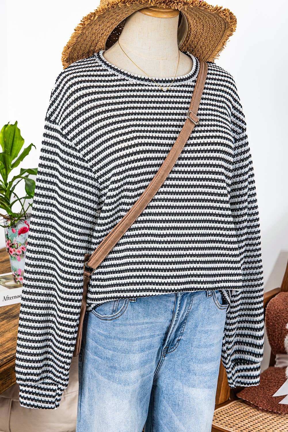 Fall Stripe Round Neck Drop Shoulder Long Sleeve Top*S-3XL