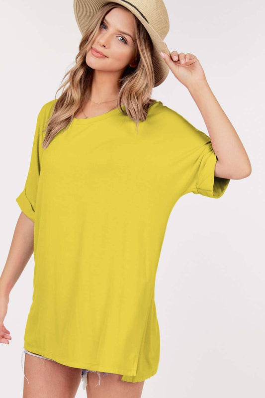 Rolled Short Sleeve Round Neck Top