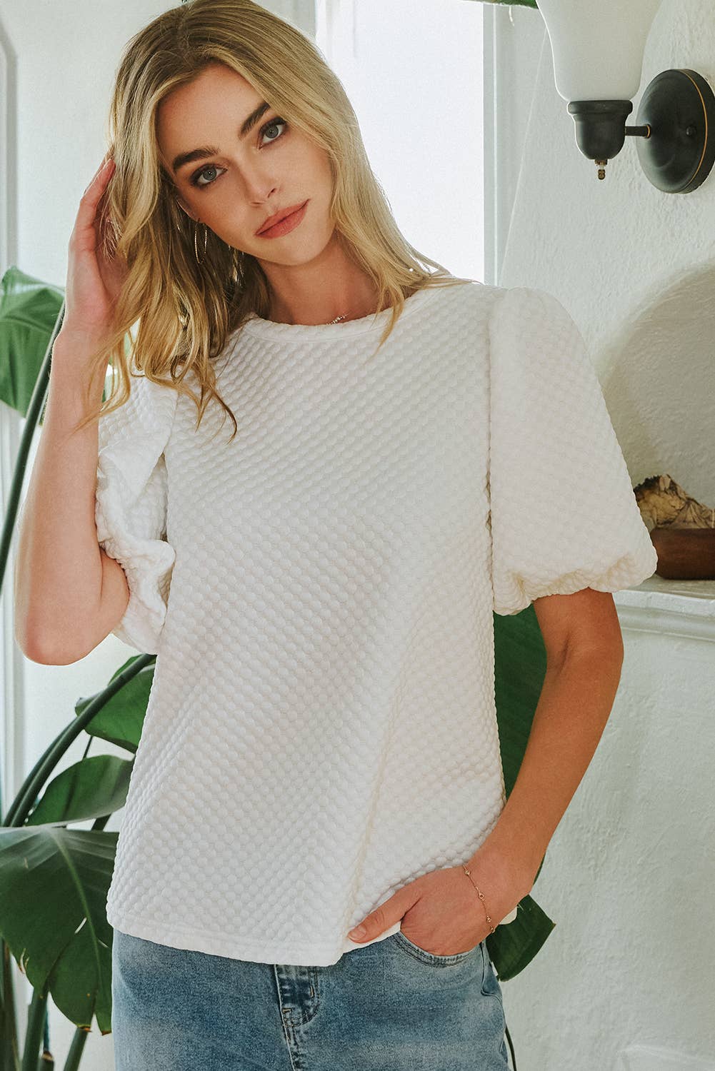 Fashion-W Textured O Neck Puff Sleeve Blouse