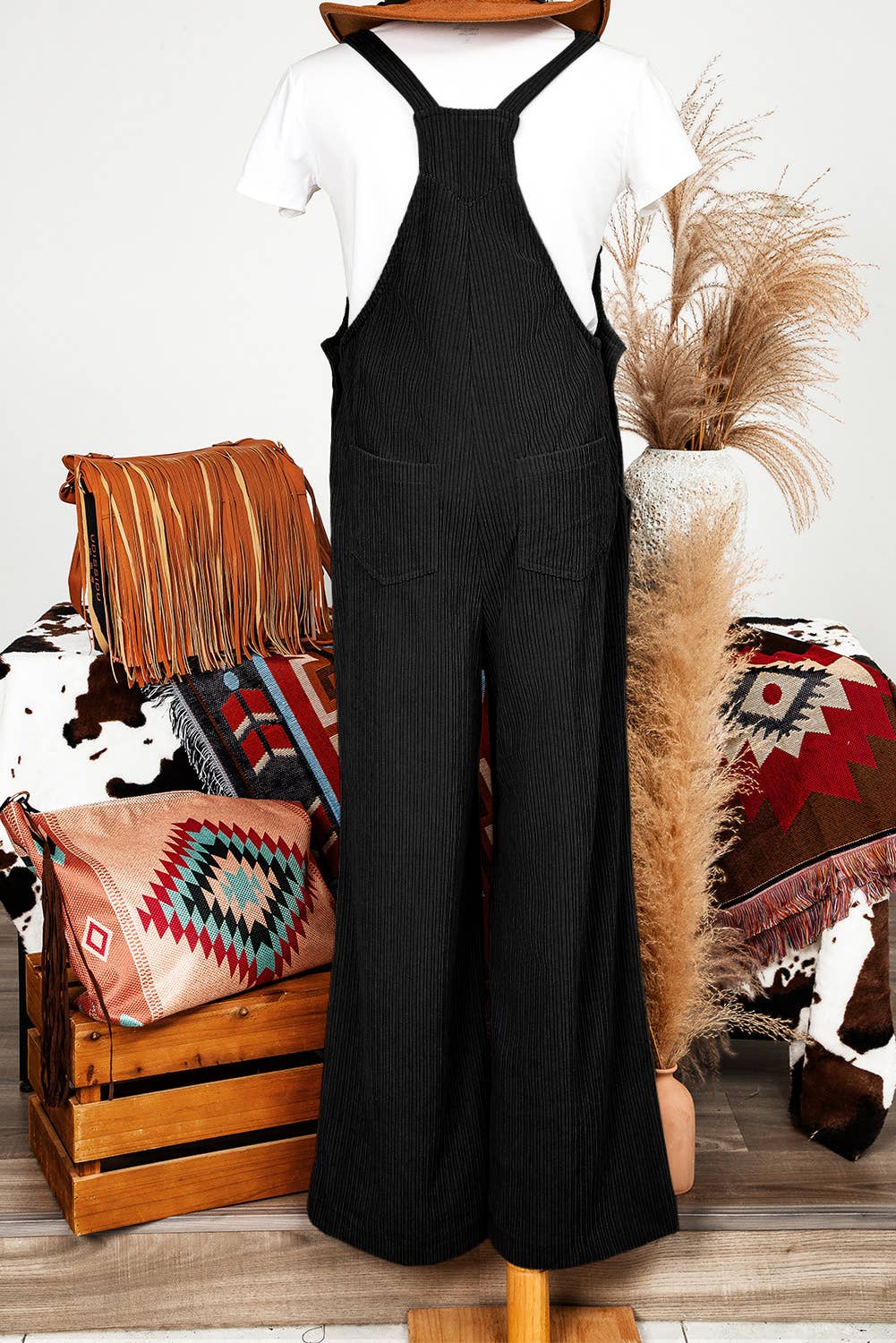 Fashion-W Fall Solid Pocketed Loose Fit Corduroy Overall