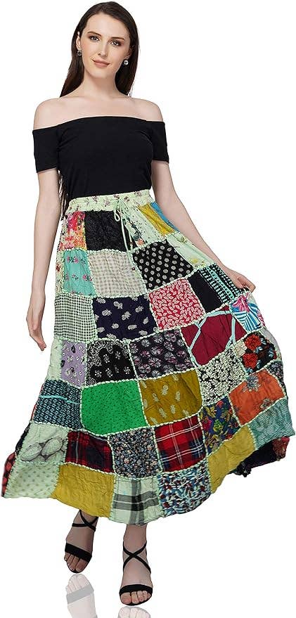 Women's Hippie Patchwork Vintage Bohemian Long Skirt Maxi
